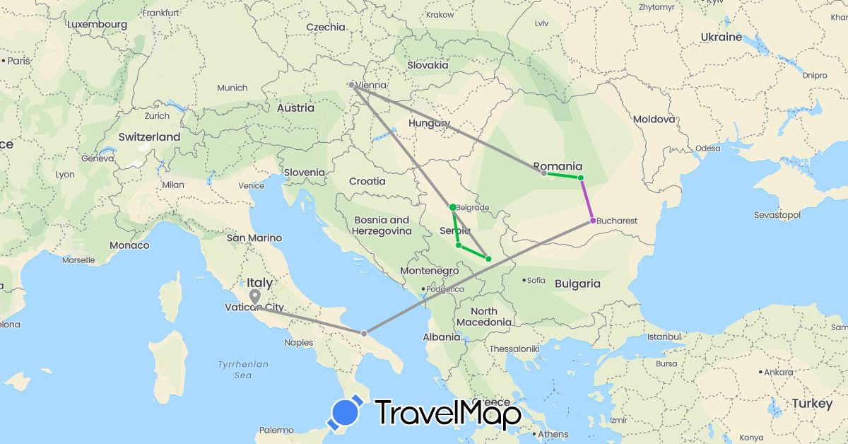 TravelMap itinerary: bus, plane, train in Austria, Italy, Romania, Serbia (Europe)